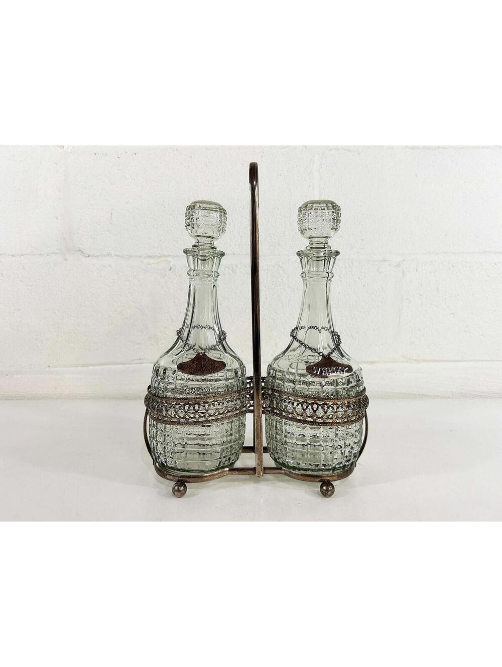 Vintage Decanter Set Glass Liquor Scotch Whiskey Bar Cart Barware 1950s 1960s